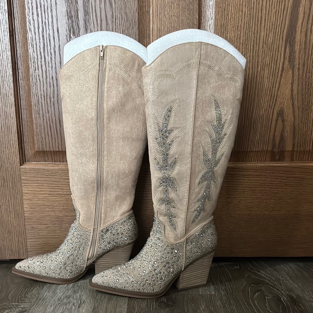 Tan Embroidered Knee-High Boots